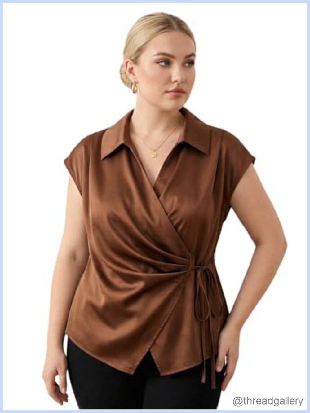 Satin Wrap Tie Waist Ruched Collared V Neck Blouse